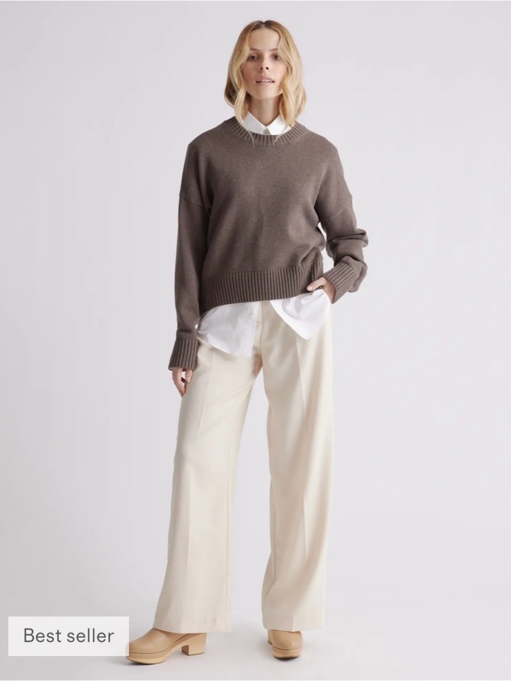 Quince 100% Organic Cotton Boyfriend Crew Sweater, Heather Brown, Large - Picture 2 of 15